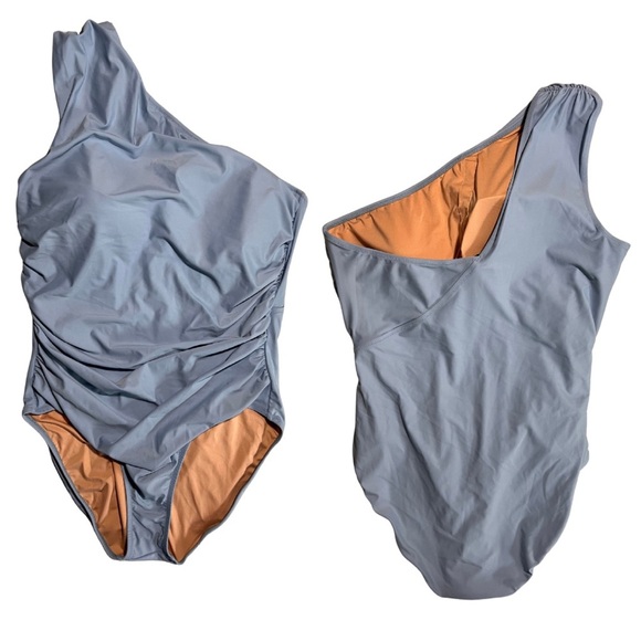 NWT J Crew Ruched Blue mist one-shoulder one-piece bathing suit, size 18 - Picture 2 of 12